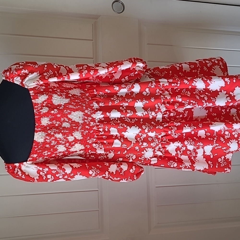 BBX Red Floral Smocked Mini Dress M - Picture 5 of 8
